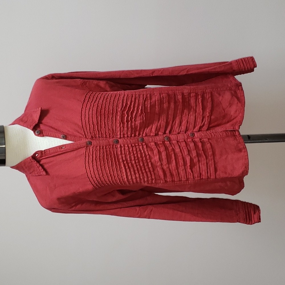 Eucalyptus Red Cotton Pintuck Pleated Button-front Shirt, Size Small